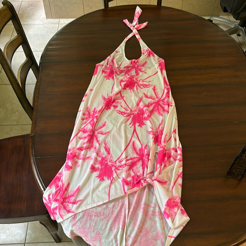 OP size large white knit halter dress, hot pink palm tree